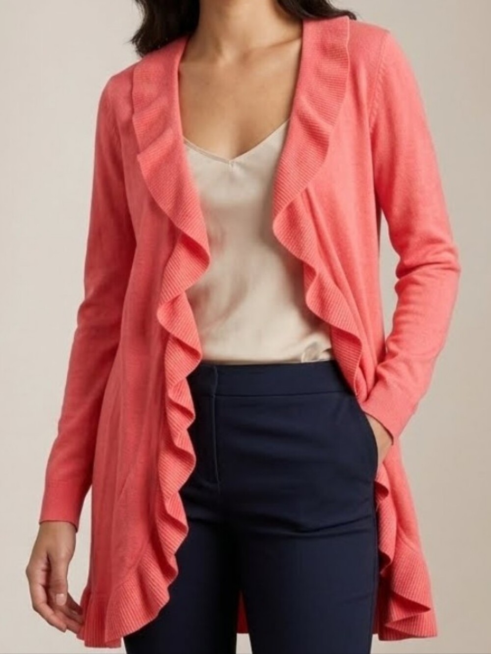 Lilly Pulitzer Cashmere Coral Pink Ruffle Trim Cardigan Sweater Medium